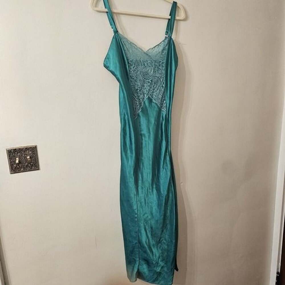 Vintage Victoria's Secret Gold Label Emerald Satin Lace Slip Nightgown M Maxi - Picture 6 of 6